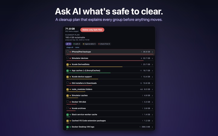 Ask AI what's safe to clear. A cleanup plan that explains every group before anything moves.